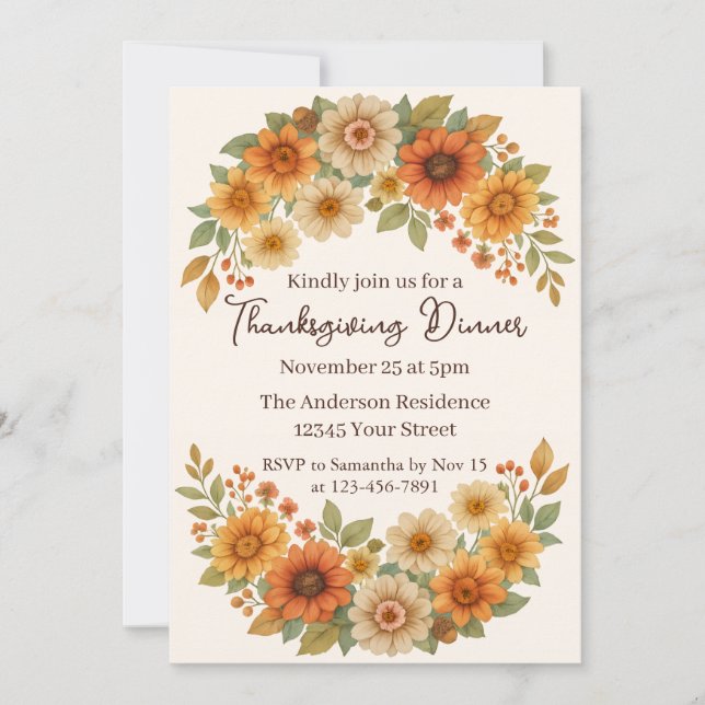 Autumn Floral Wreath - Elegant Thanksgiving Dinner Invitation (Front)