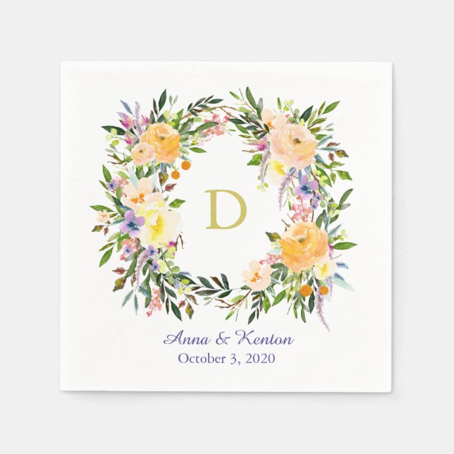 Autumn Floral Wreath Monogram Wedding Napkin (Front)