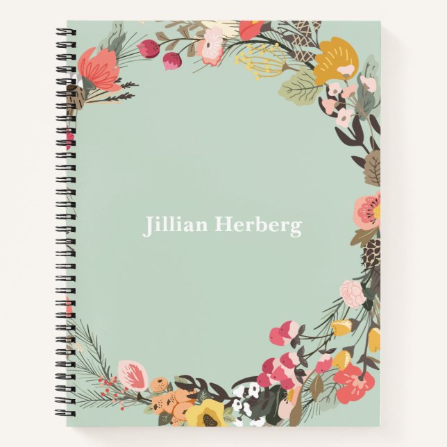 Autumn Floral Wreath on Sage Green with Name Notebook (Front)
