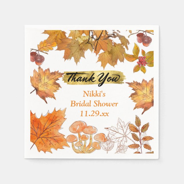 Autumn Floral Wreath Pumpkin Gold Thank You Favour Napkin (Front)