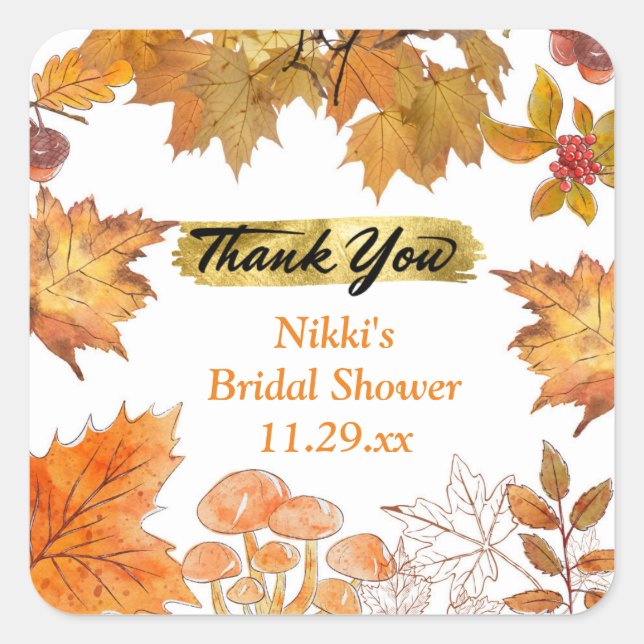 Autumn Floral Wreath Pumpkin Gold Thank You Favour Square Sticker (Front)