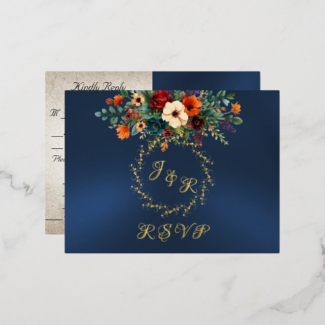 Autumn Floral & Wreath RSVP - Blue Foil Invitation Postcard (Front/Back)