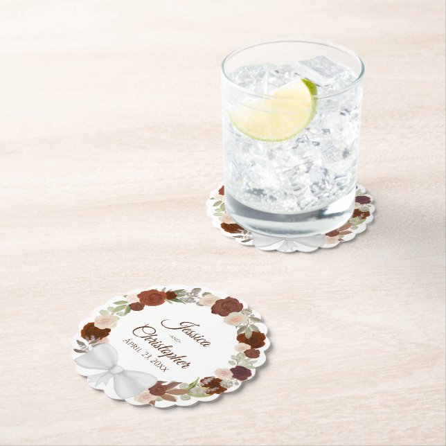 Autumn Floral Wreath Rust Orange & Peach Wedding Paper Coaster (Insitu)