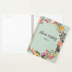 Autumn Floral Wreath Sage Green Personalised Planner