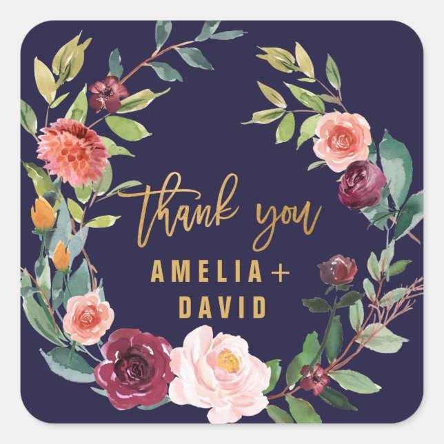 Autumn Floral Wreath Thank You Favour Square Sticker (Front)
