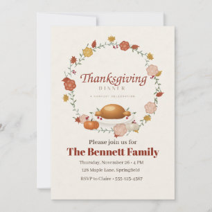 Autumn Floral Wreath Thanksgiving Dinner Invitation