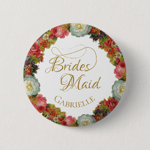 Autumn Floral Wreath Wedding Bridesmaid Name Tag 6 Cm Round Badge