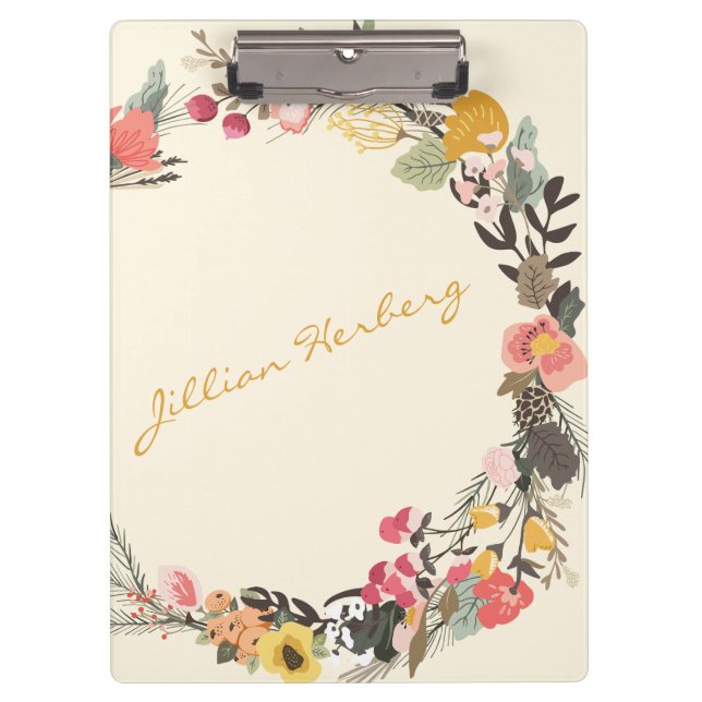 Autumn Floral Wreath Yellow Green with Name Clipboard (Front)