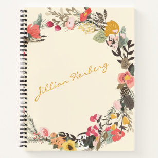 Autumn Floral Wreath Yellow Green with Name Notebook