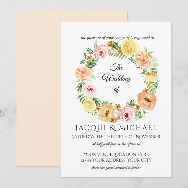 Autumn Floral Wreath Yellow n Peach Roses Wreath Invitation (Front/Back)