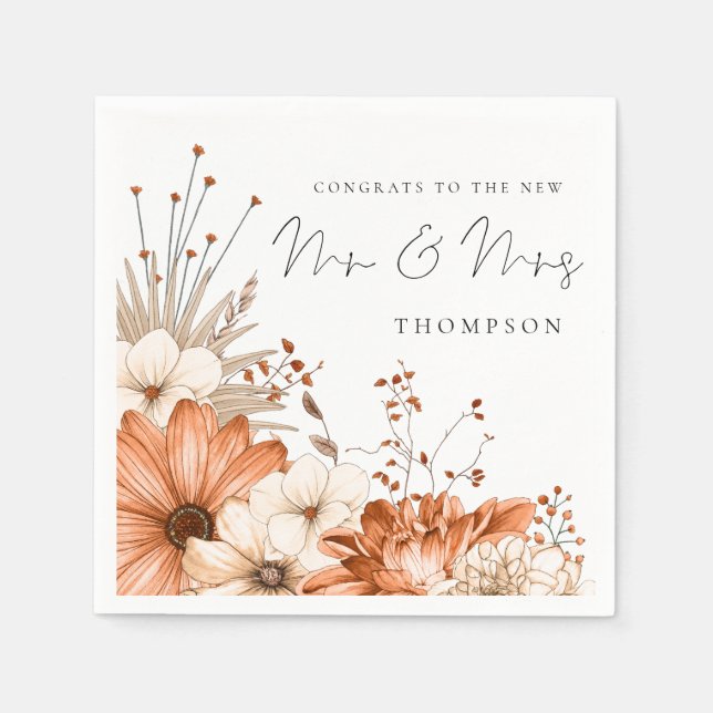 Autumn Florals Congrats Mr Mrs Name Wedding Napkin (Front)