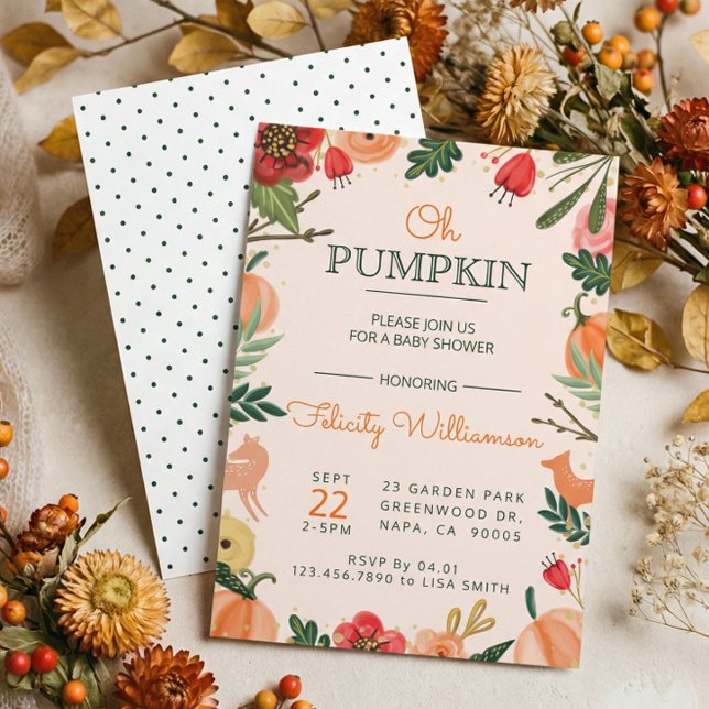Autumn Florals & Foliage Pumpkin Patch Baby Shower Invitation (Cute Fall Autumn Floral Pumpkin Patch Baby Shower Invitation)