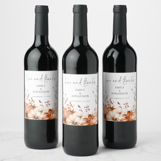 Autumn Florals Love Thanks Names Date Wedding Wine Label (Bottles)