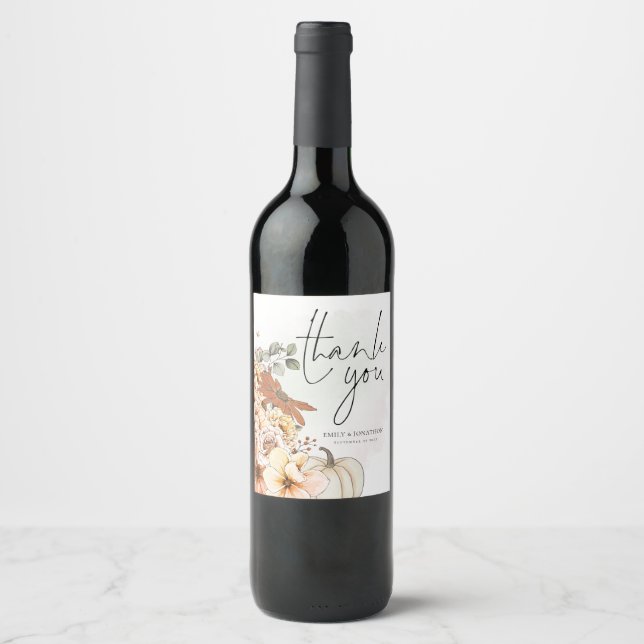 Autumn Florals Names Date Wedding Thank You Wine Label (Front)
