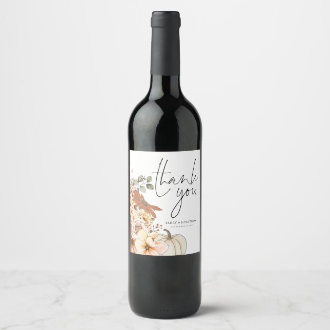 Autumn Florals Pumpkin Names Wedding Thank You  Wine Label (Front)