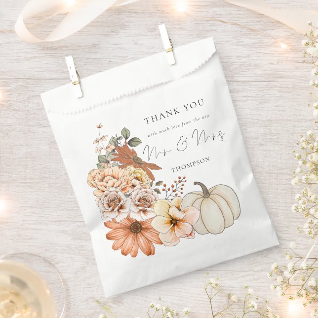 Autumn Florals Pumpkin New Mr Mrs Thank You  Favour Bags (Clipped)