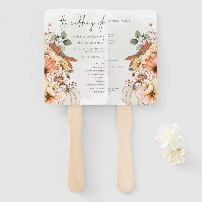 Autumn Florals Pumpkin Watercolor Wedding Program Hand Fan (Front and Back)