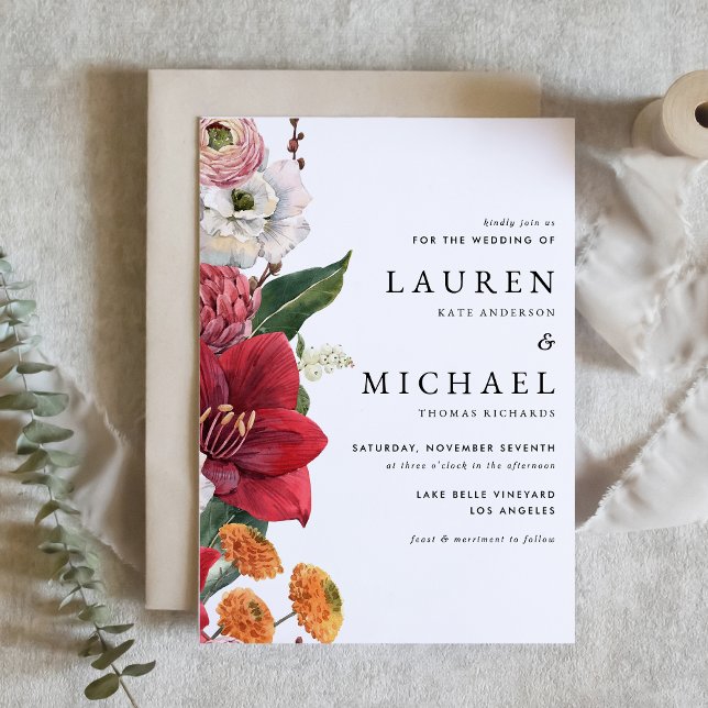 Autumn Florals with Red Amaryllis Wedding Invitation (Fall-inspired floral wedding invitation with amaryllis, chrysanthemums, ranunculus, and lisanthus. )