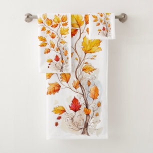 Autumn Flourish – Watercolor Leaf Branches Bath Towel Set