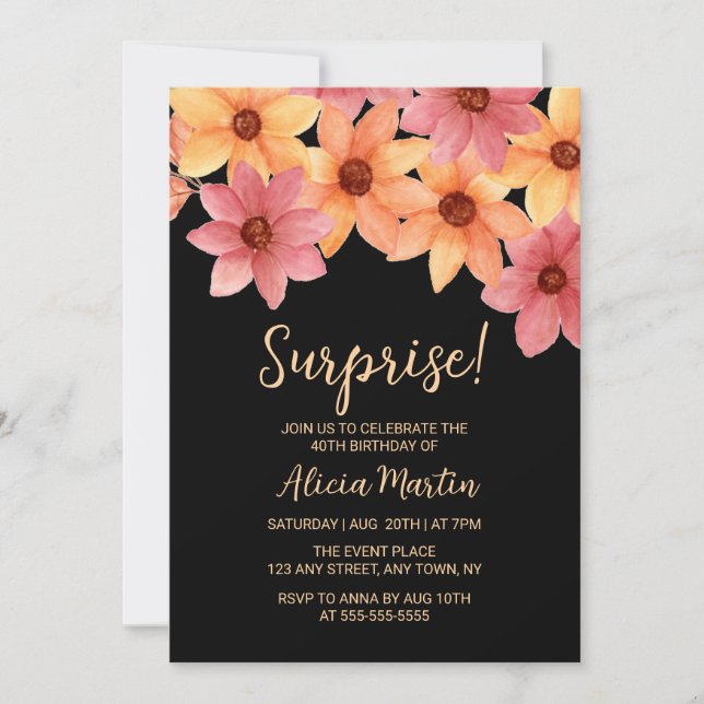Autumn Flower Any Age Surprise Black Birthday  Invitation (Front)