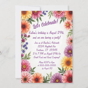 Autumn Flower Border Adult Birthday Party Invitation