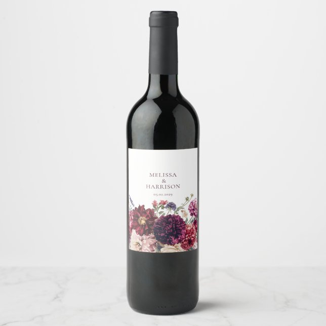 Autumn Flower Dahlia Bunch Fall Wedding Florals Wine Label (Front)