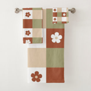 Autumn Flower Gingham Check Pattern Bath Towel Set