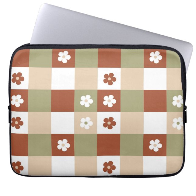 Autumn Flower Gingham Check Pattern Laptop Sleeve (Front)