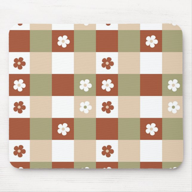 Autumn Flower Gingham Check Pattern Mouse Mat (Front)