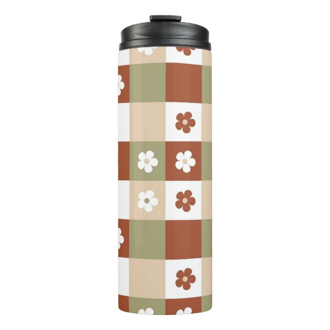 Autumn Flower Gingham Check Pattern Thermal Tumbler (Front)