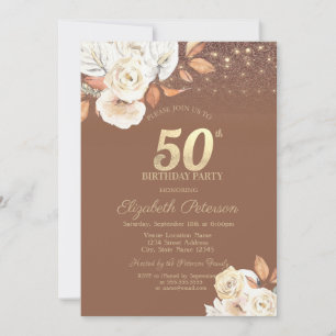 Autumn Flower Glitter Terracotta 50th Birthday Invitation