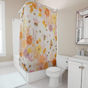 Autumn Flower Shower Orange Yellow Bees Floral Curtain