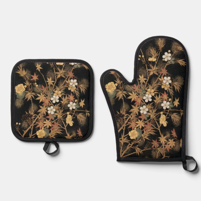 Autumn Flower & Tree 1884 Japanese Ornamental Art Oven Mitt & Pot Holder Set (Front)