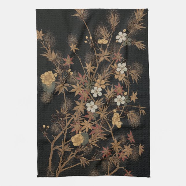 Autumn Flower & Tree 1884 Japanese Ornamental Art Tea Towel (Vertical)