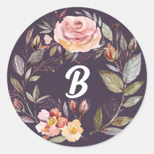 Autumn Flower Wreath Plum Monogram Classic Round Sticker