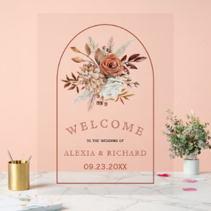 Autumn flowers and arch floral welcome wedding acrylic sign