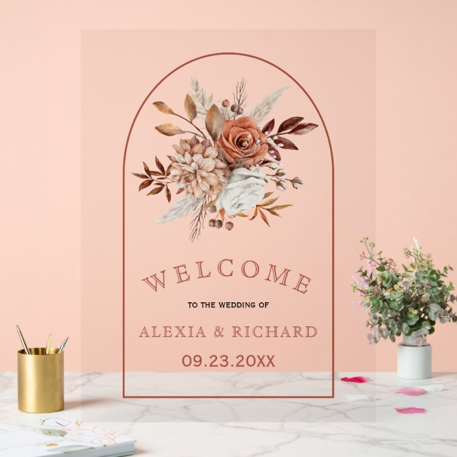 Autumn flowers and arch floral welcome wedding acrylic sign (Wedding)
