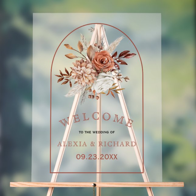 Autumn flowers and arch frosted welcome wedding acrylic sign (Neutral)