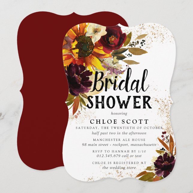 Autumn Flowers and Gold Bridal Shower Invitation (Front/Back)