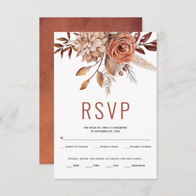 Autumn flowers and leaves terracotta fall wedding RSVP card (Front/Back)