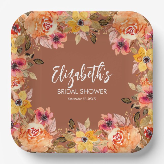 Autumn Flowers Bridal Shower Terracotta Paper Plate (Front)