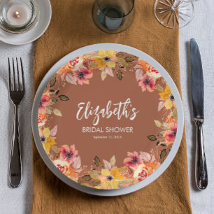 Autumn Flowers Bridal Shower Terracotta Paper Plate