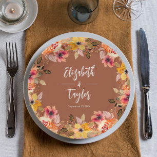 Autumn Flowers Bridal Shower Terracotta Paper Plate