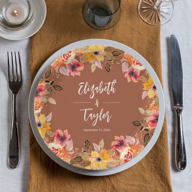 Autumn Flowers Bridal Shower Terracotta Paper Plate (Autumn Flowers Wedding Bridal Shower Terracotta Paper Plates)