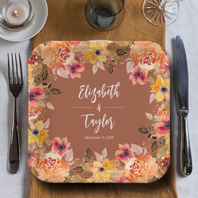Autumn Flowers Bridal Shower Terracotta Paper Plate (Autumn Flowers Wedding Shower Terracotta Square Paper Plates)