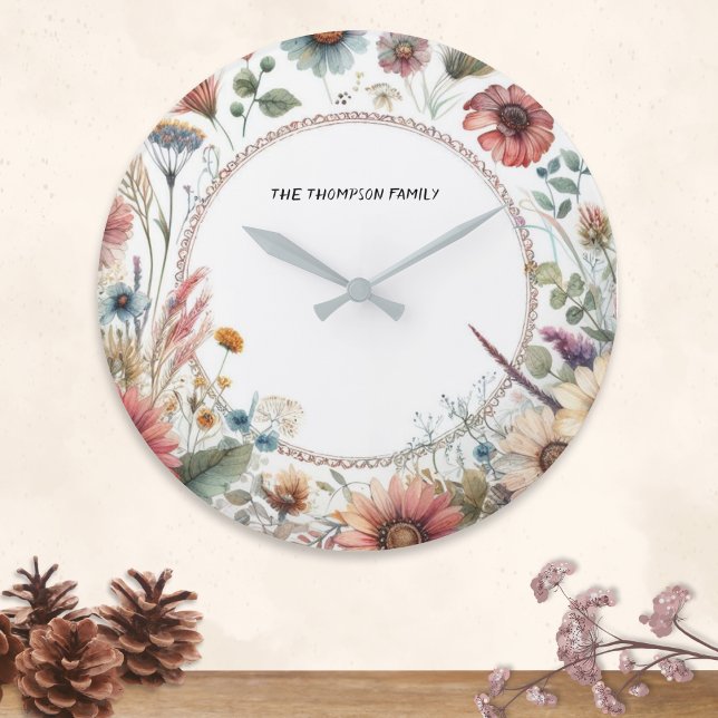 Autumn Flowers Elegant Nature Floral Personalised Large Clock (A wall clock with elegant Autumn flowers border and personalized with name)