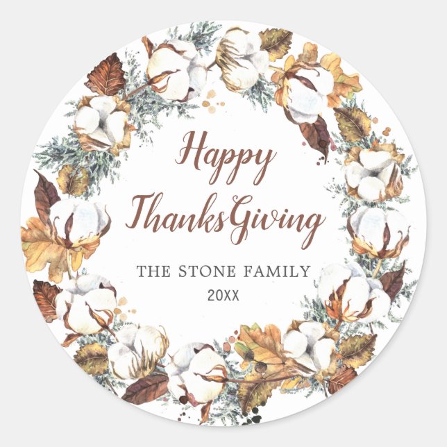Autumn Flowers Fall Leaves Happy Thanksgiving Classic Round Sticker (Front)