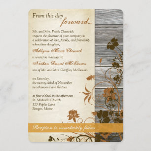 Autumn Flowers, FAUX Wood & Parchment Wedding Invitation