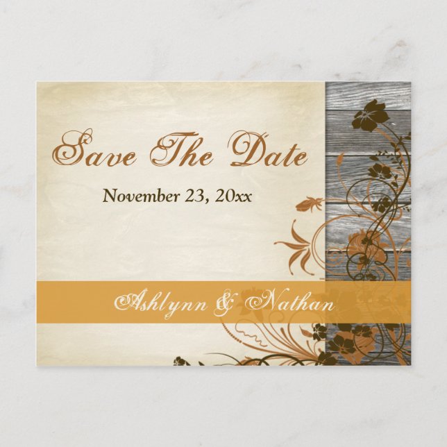 Autumn Flowers, FAUX Wood Save the Date Post Card (Front)