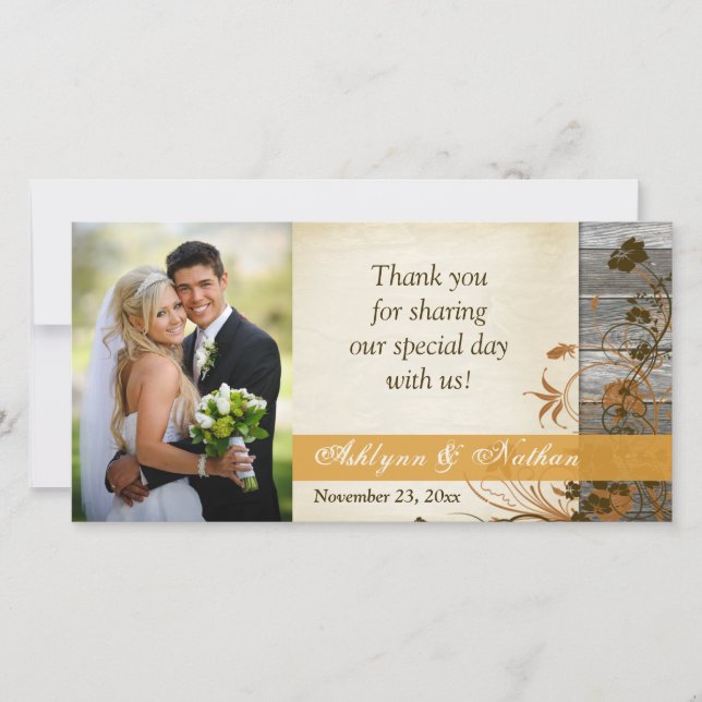 Autumn Flowers, FAUX Wood Wedding Photo Card (Front)
